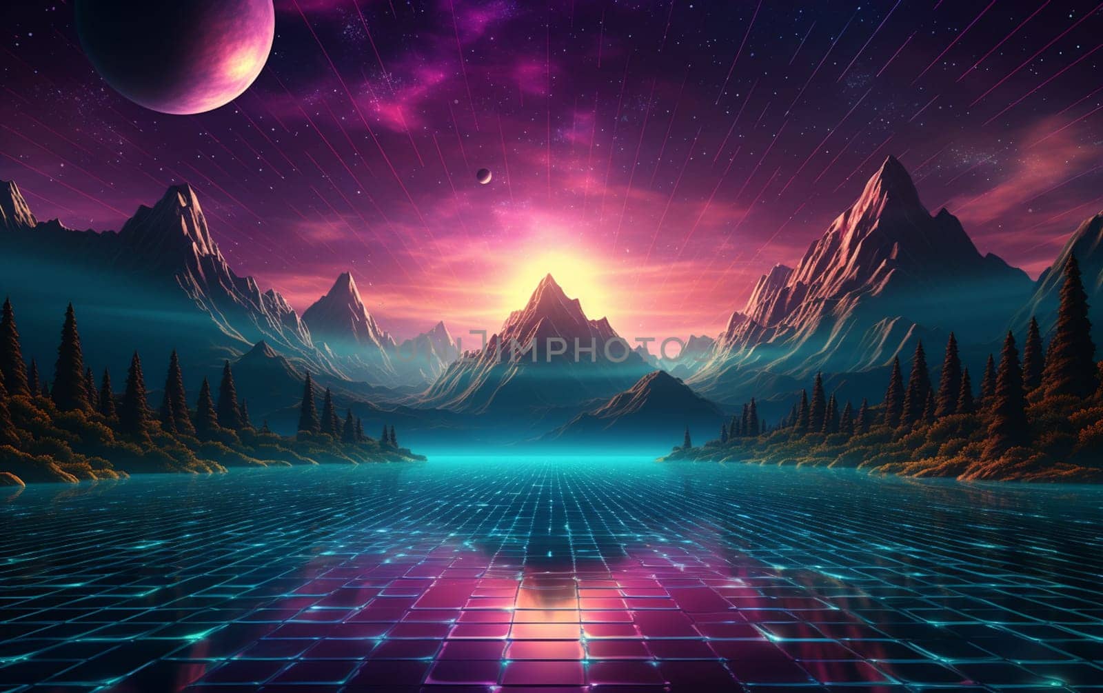 Retro Futuristic neon gaming landscape background by Andelov13