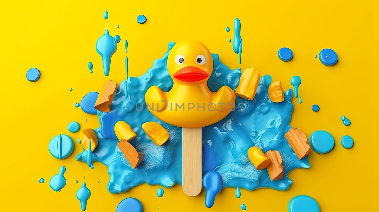 Chill vibes A delectable scoop of ice cream adorned with a cute yellow duck, set against a refreshing blue backdrop. Summers sweet escape.