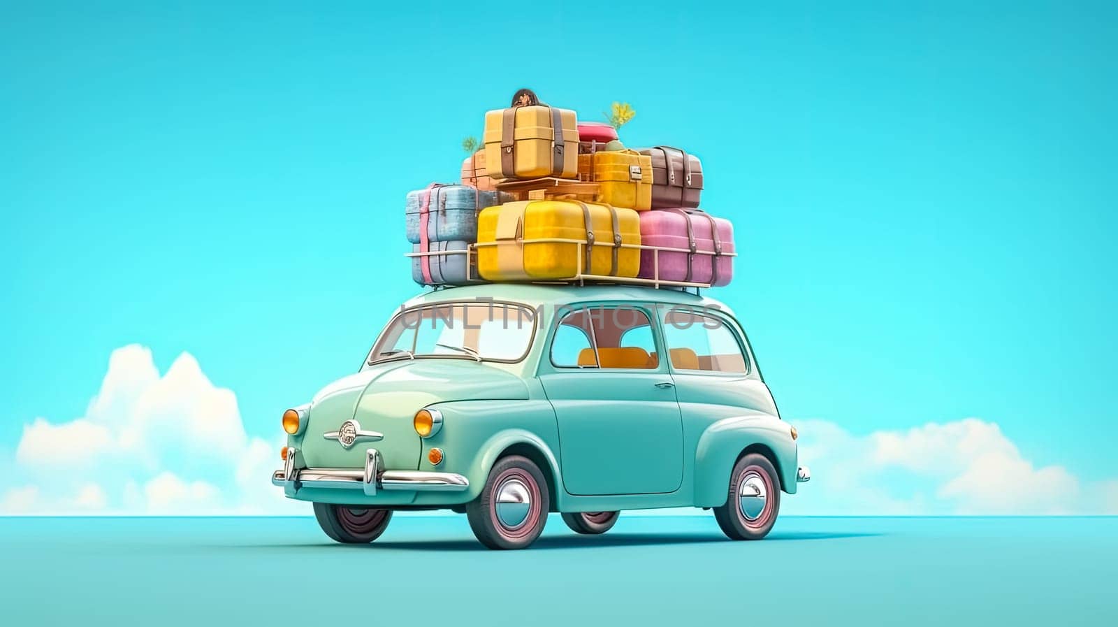 Vintage road adventure. A compact retro car, rooftop loaded with luggage and beach essentials, set against a vibrant blue backdrop. Ready for a summer getaway.