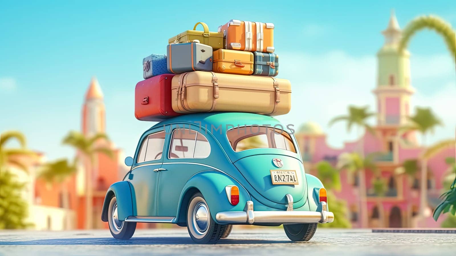 Vintage road adventure. A compact retro car, rooftop loaded with luggage and beach essentials, set against a vibrant blue backdrop. Ready for a summer getaway.