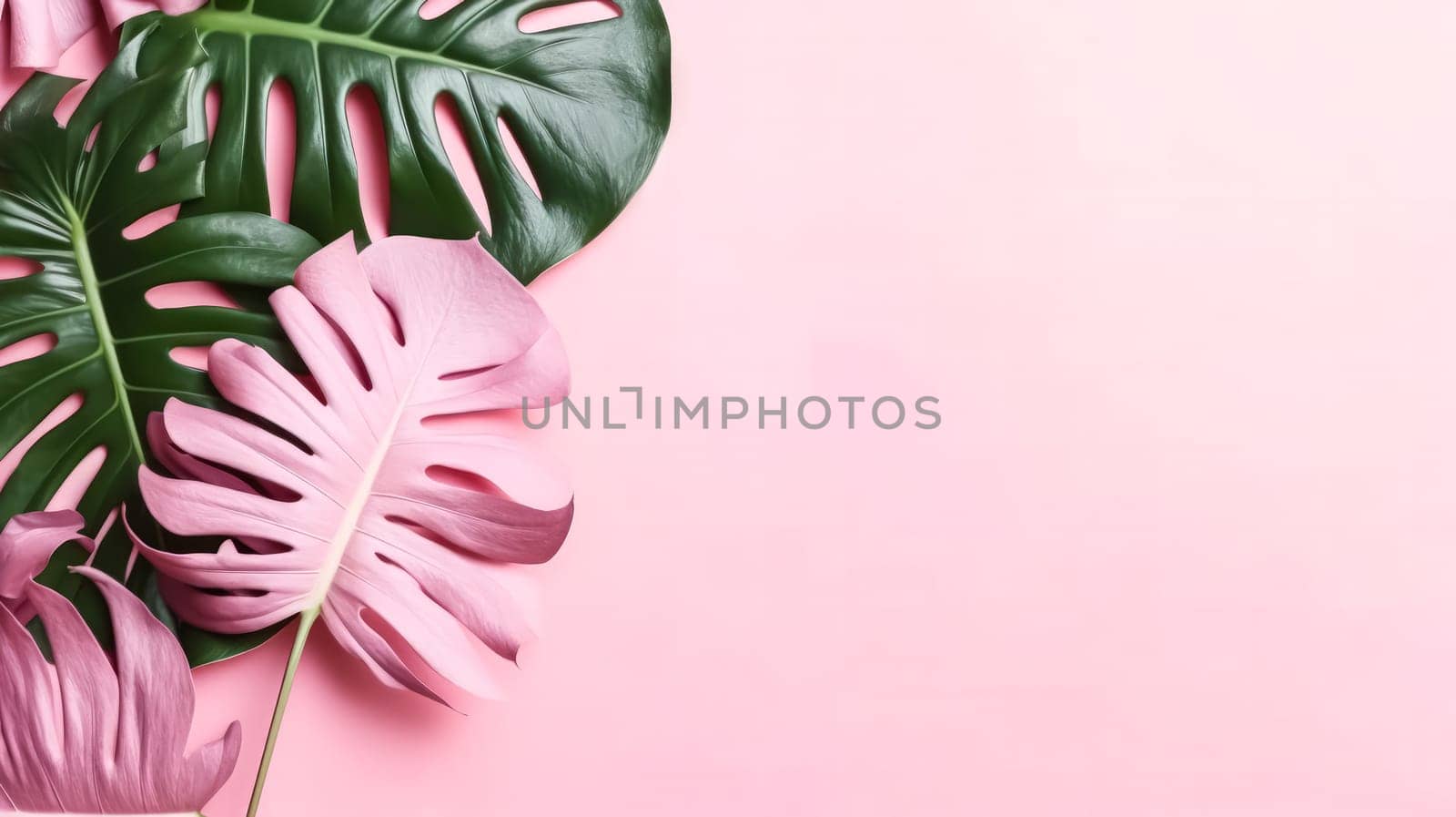 A bright and creative color scheme created from tropical leaves on a pink background, capturing the essence of summer in a bold tropical aesthetic.