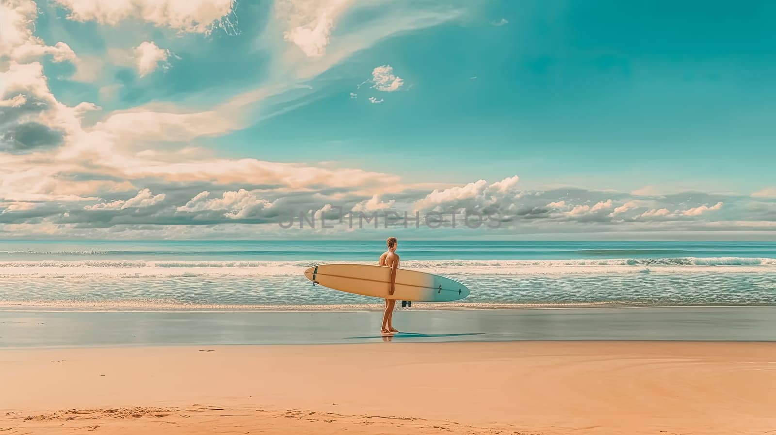 Surfer's paradise A lone surfer with a board, embracing the sun kissed beach near the endless ocean waves. The epitome of coastal serenity.