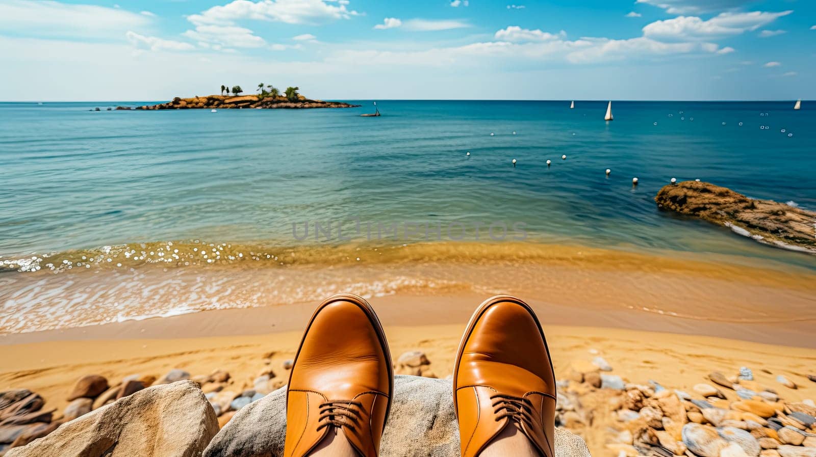 Stylish mens shoes elegantly placed against the backdrop of a sandy beach and the vast ocean, embodying the essence of summer fashion and leisure.