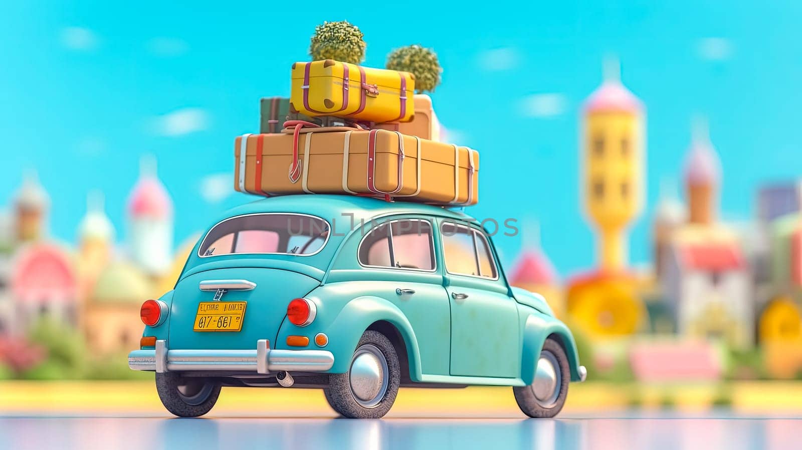 A compact retro car, rooftop loaded with luggage and beach essentials by Alla_Morozova93