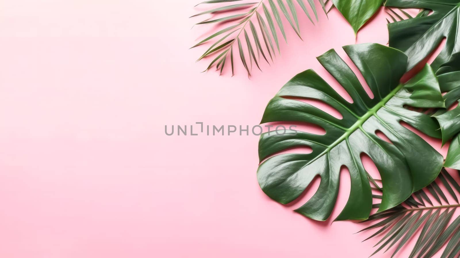 A bright and creative color scheme created from tropical leaves on a pink background, capturing the essence of summer in a bold tropical aesthetic.