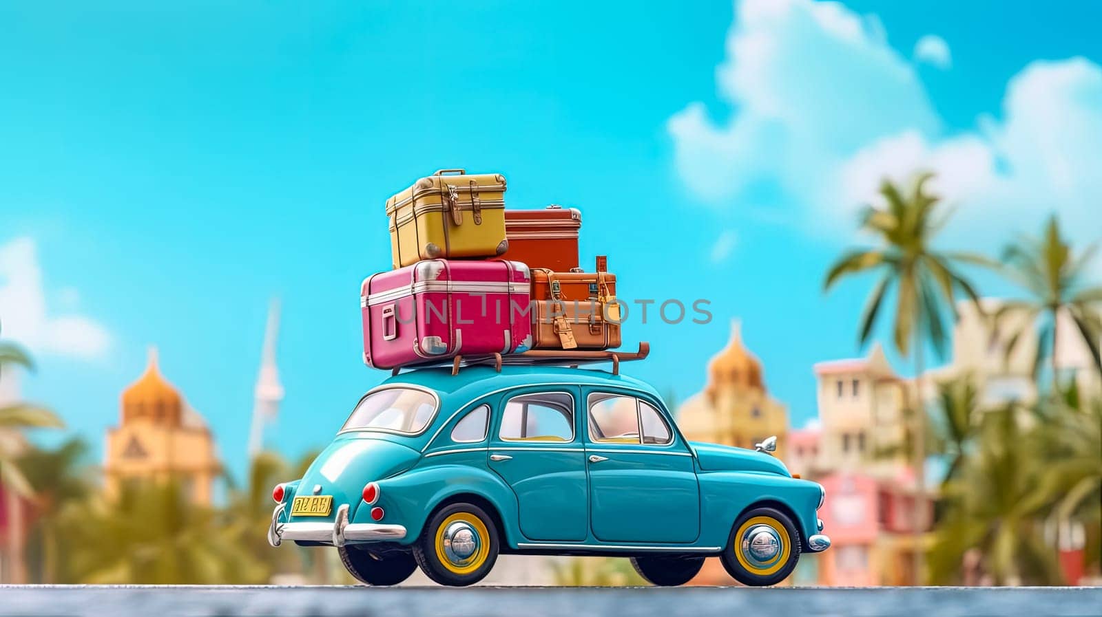 A compact retro car, rooftop loaded with luggage and beach essentials by Alla_Morozova93