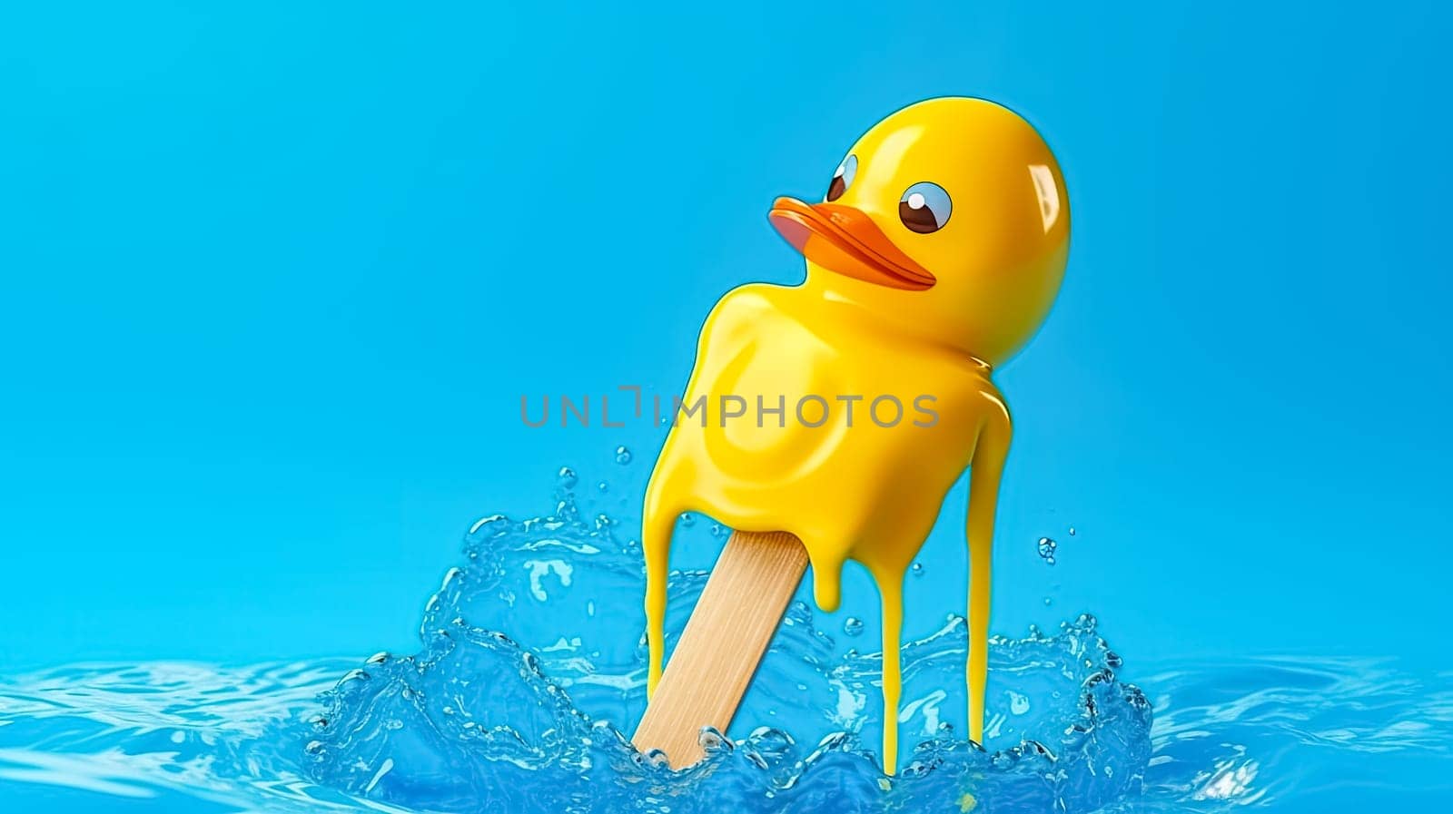 Chill vibes A delectable scoop of ice cream adorned with a cute yellow duck, set against a refreshing blue backdrop. Summers sweet escape.