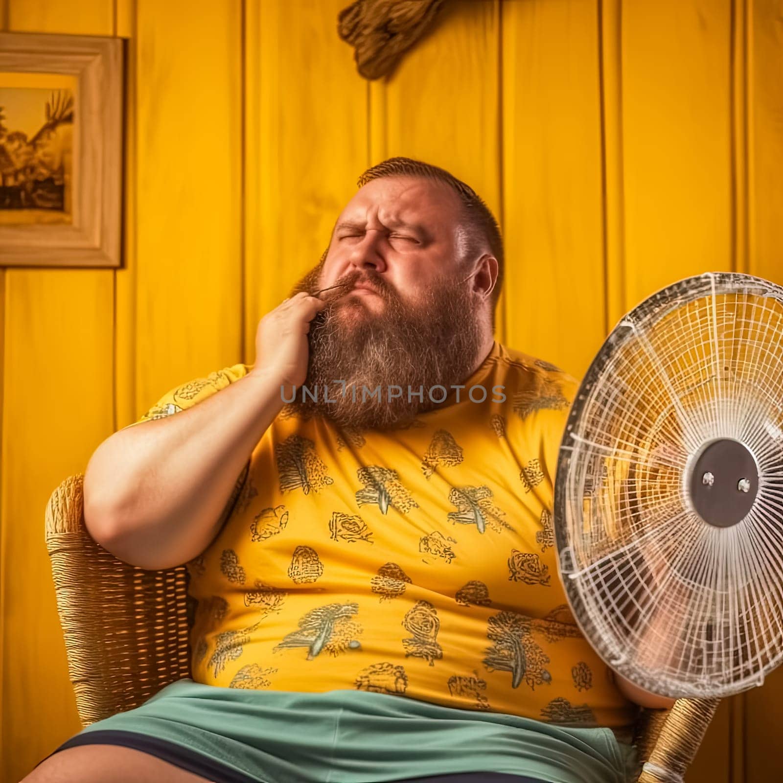 Beat the heat concept A weary man, hand on forehead, sweating and feeling hot, seeking relief in front of a fan at home. Illustrating the struggles of heatstroke.