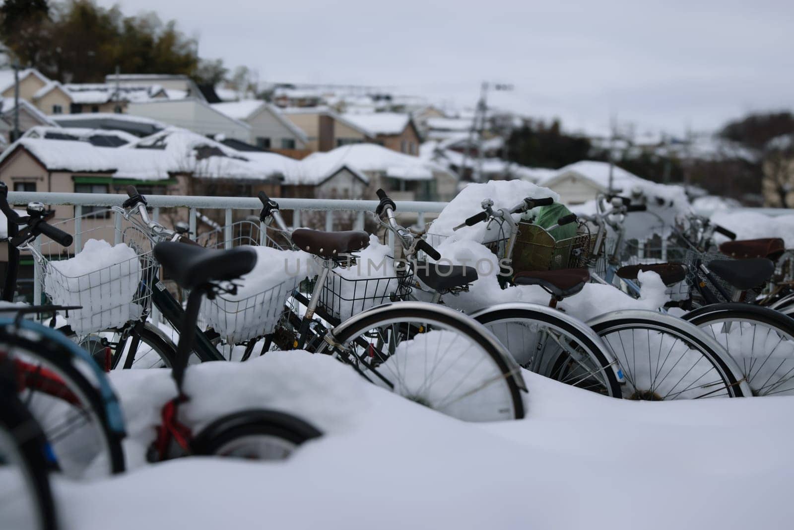 Bicycles covered in snow with blurred residential area in the background. by jameshumble