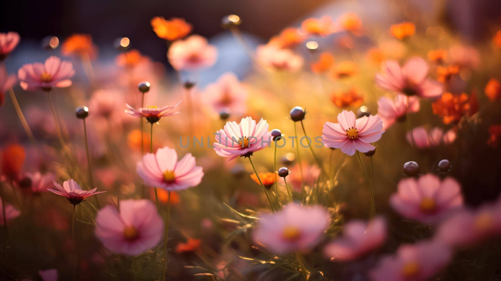 Vibrant cosmos flowers bloom gracefully in the garden, showcasing their beauty and adding a burst of color to natures canvas. Summer joy captured in petals.