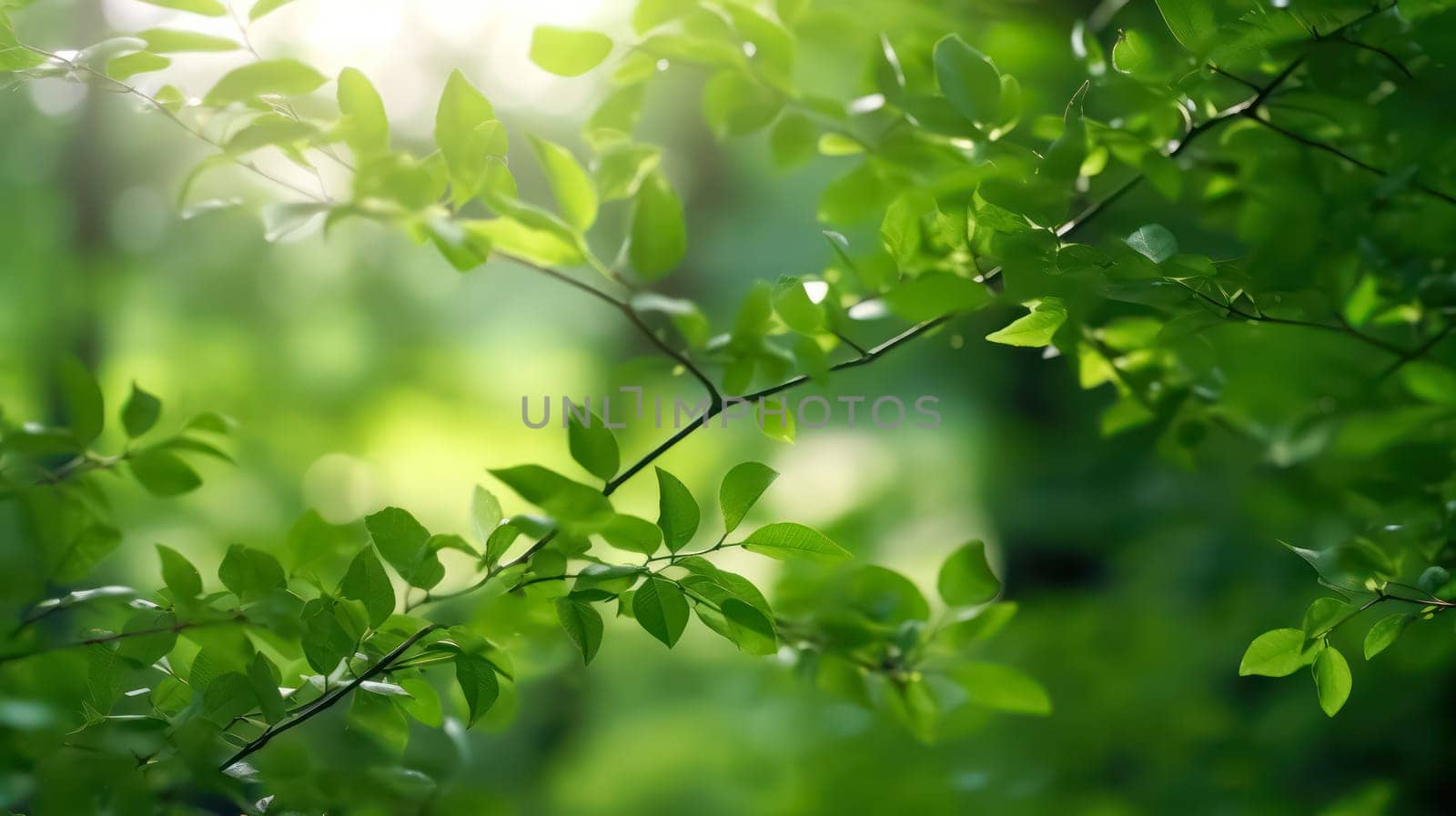 Lush green beech tree leaves thrive in the forest on a sunny day, presenting a serene image against a softly blurred natural background.