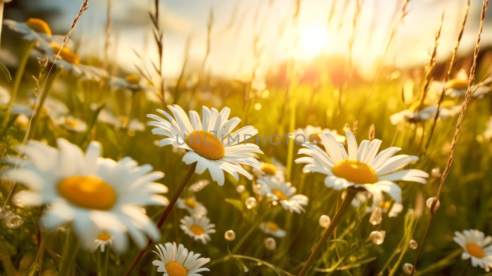 Elegant wild daisies grace the meadow, their white petals contrasting with the lush green grass. A picturesque scene embodying the essence of nature and gardening.