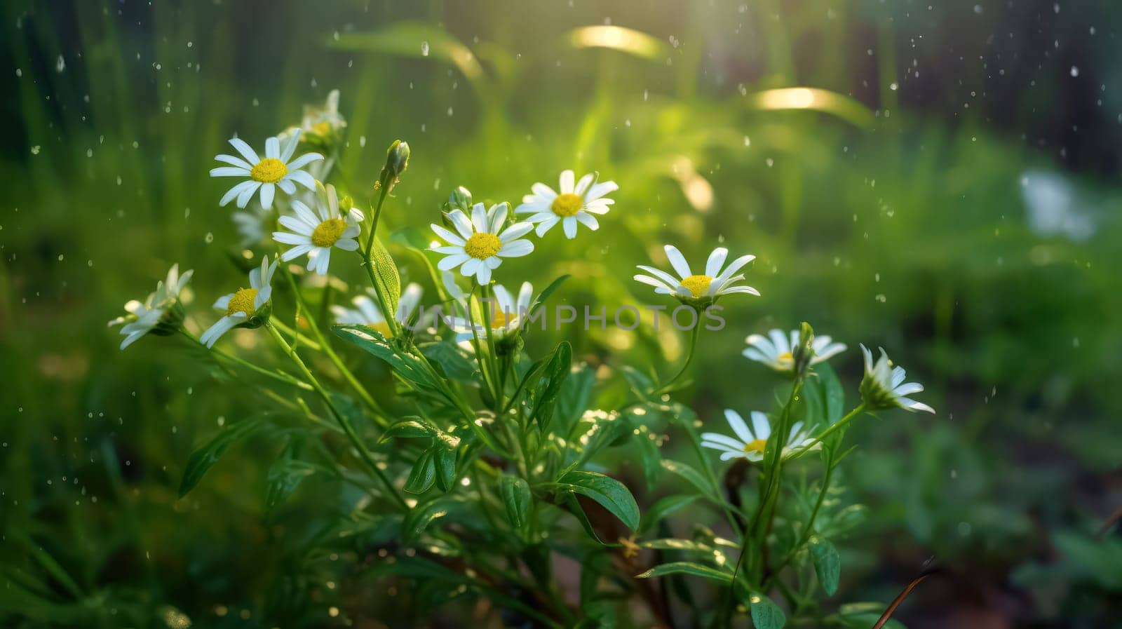 Elegant wild daisies grace the meadow, their white petals contrasting with the lush green grass. A picturesque scene embodying the essence of nature and gardening.