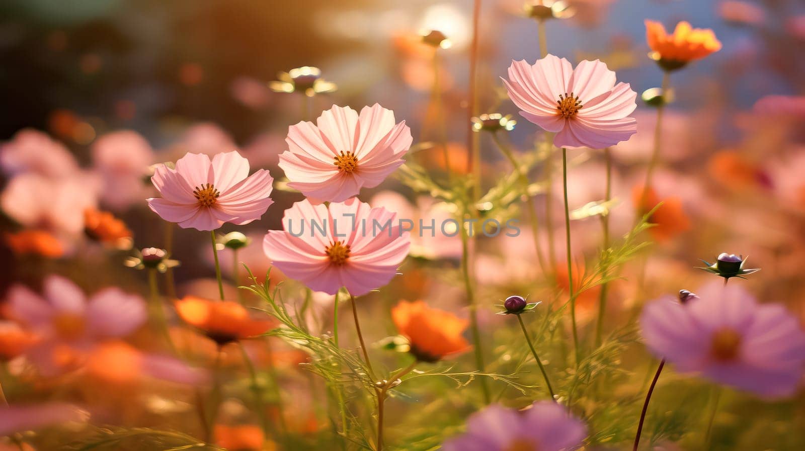 Vibrant cosmos flowers bloom gracefully in the garden, showcasing their beauty and adding a burst of color to natures canvas. Summer joy captured in petals.