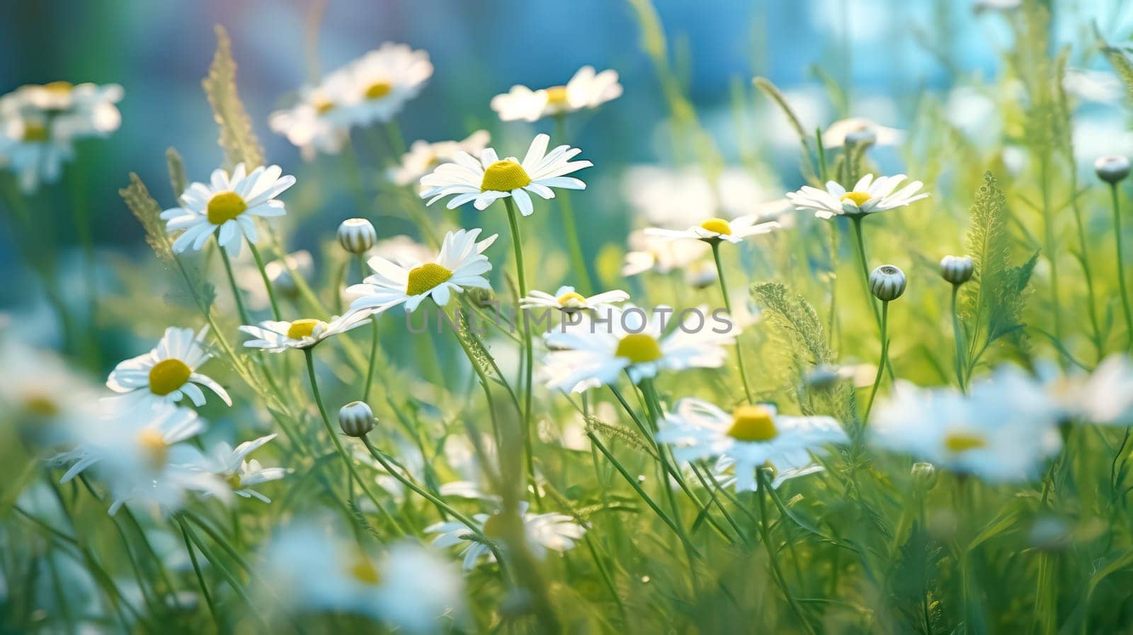 Daisies bloom in a sun drenched spring meadow. by Alla_Morozova93