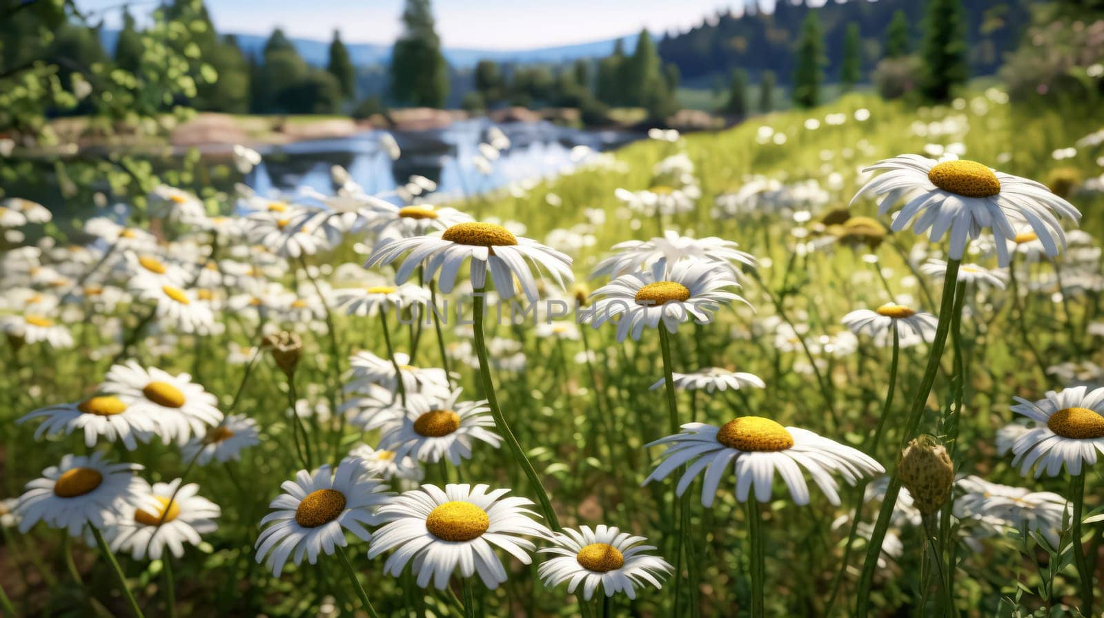 Elegant wild daisies grace the meadow, their white petals contrasting with the lush green grass. A picturesque scene embodying the essence of nature and gardening.