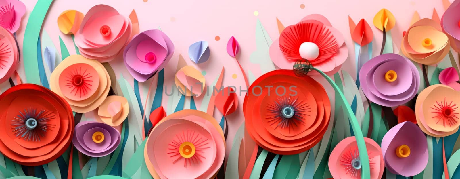 A vibrant display of paper flowers, creating a lively and festive floral background by Alla_Morozova93
