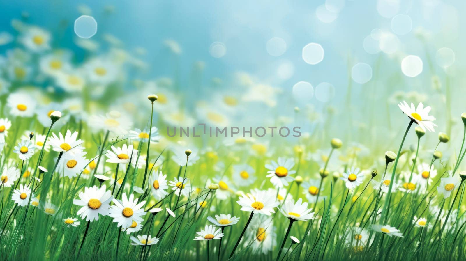 Elegant wild daisies grace the meadow, their white petals contrasting with the lush green grass. A picturesque scene embodying the essence of nature and gardening.