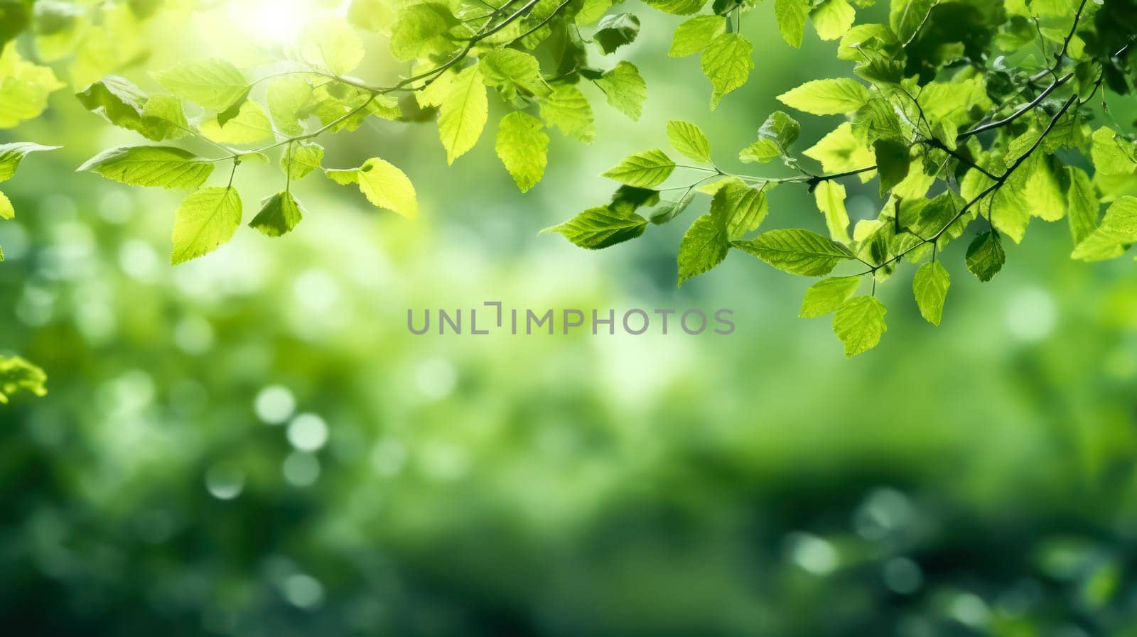 Lush green beech tree leaves thrive in the forest on a sunny day, presenting a serene image against a softly blurred natural background.