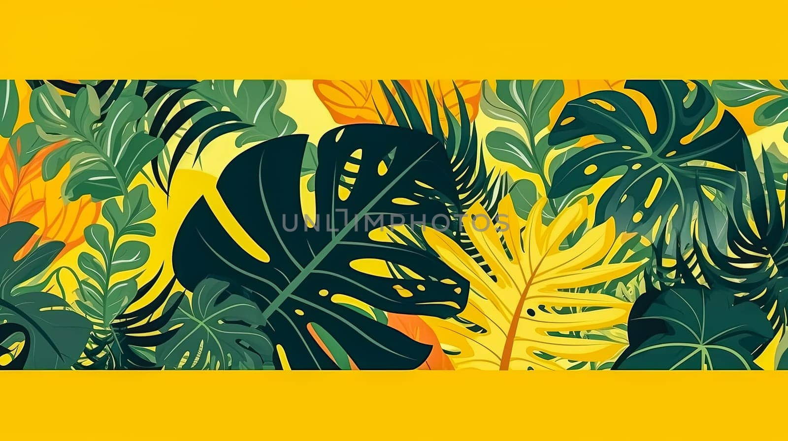 Vibrant botanical delight. Horizontal banners featuring tropical leaves on a sunny yellow backdrop. Perfect for cosmetics, spa, perfume, and health care product promotions.