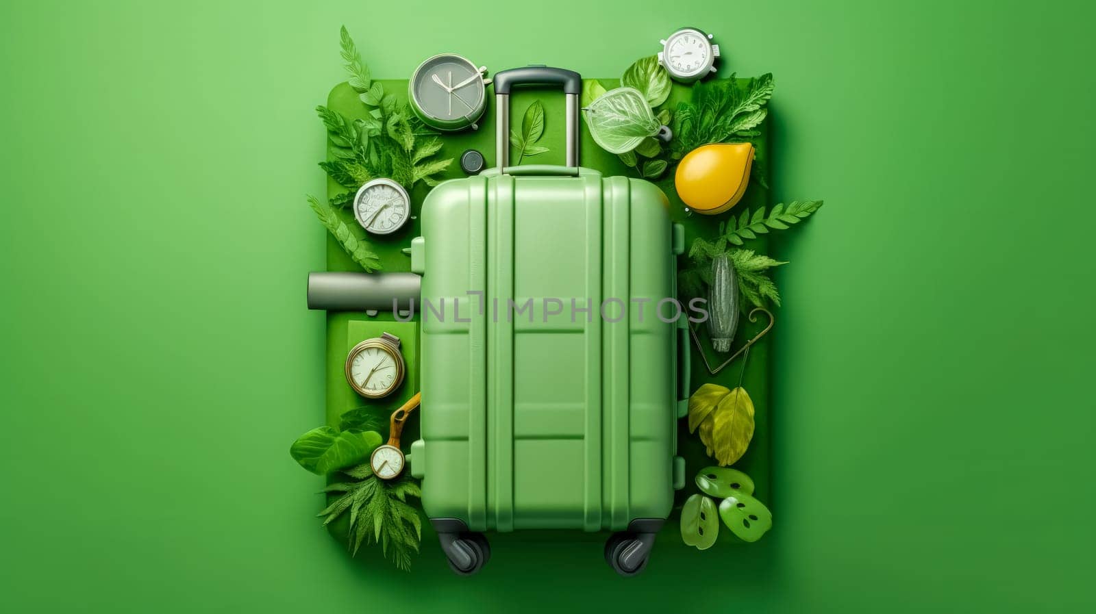 Elevate your summer style with a green suitcase against a matching background. A seamless blend of color, perfect for your vibrant and trendy summer concept.