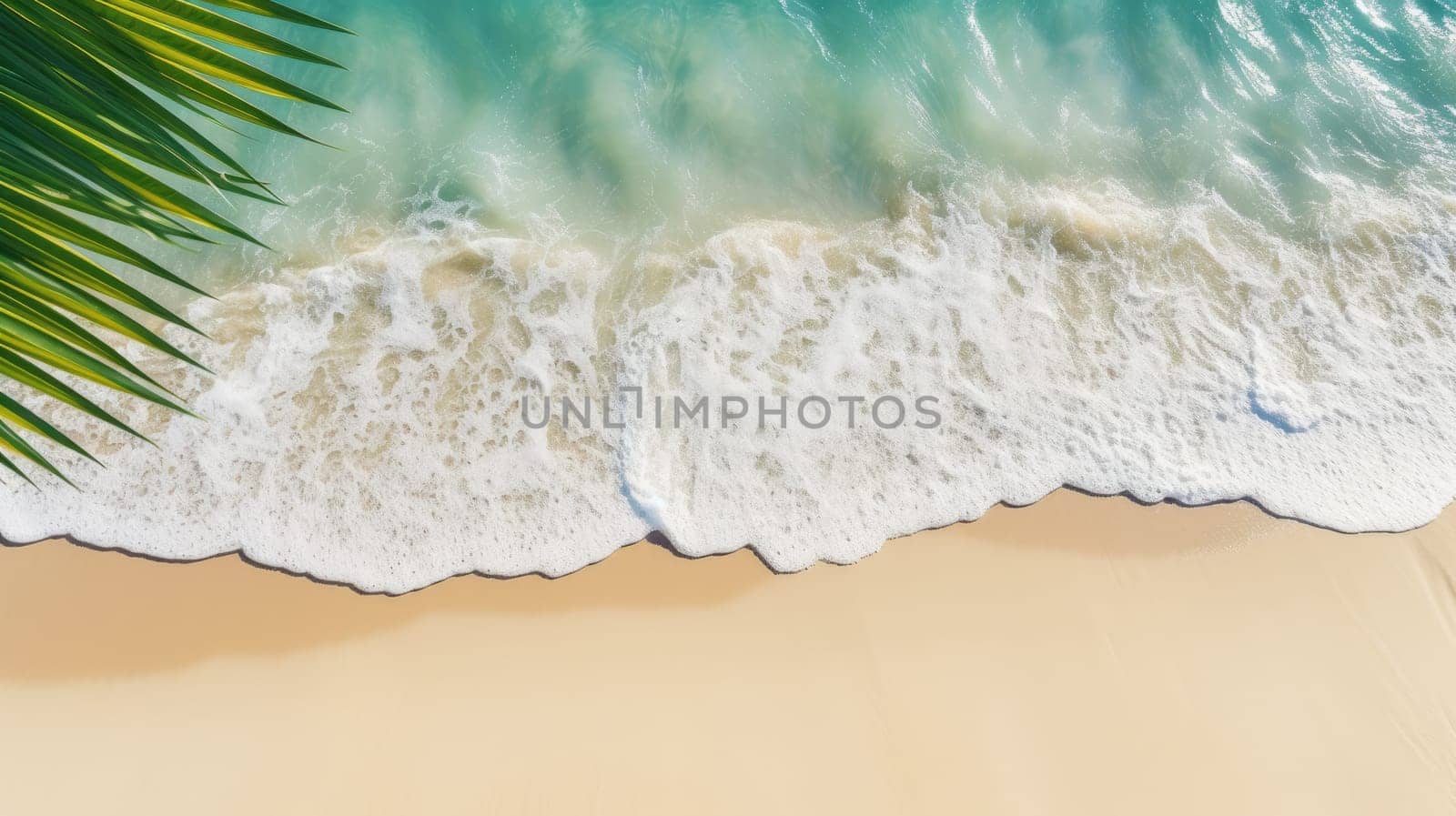 Sunny sand beach with water and green palm leaf from above, empty natural background with copy space AI