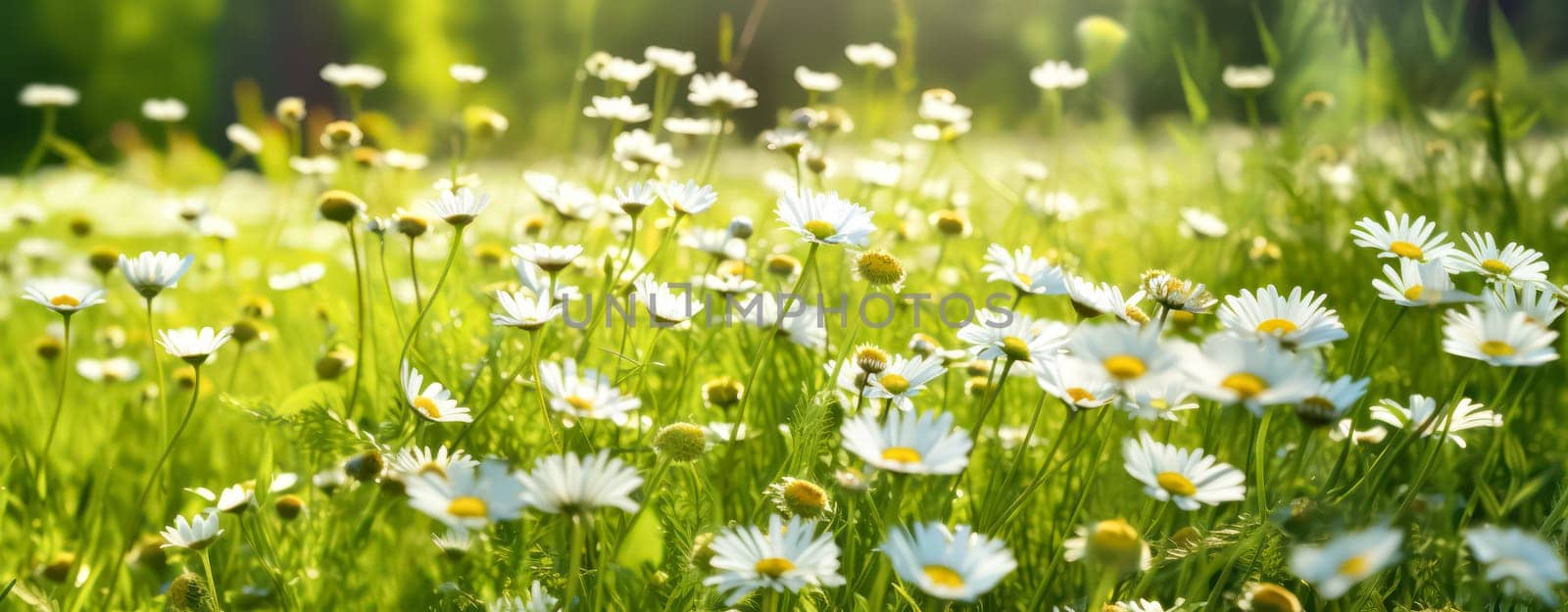 Elegant wild daisies grace the meadow, their white petals contrasting with the lush green grass. A picturesque scene embodying the essence of nature and gardening.