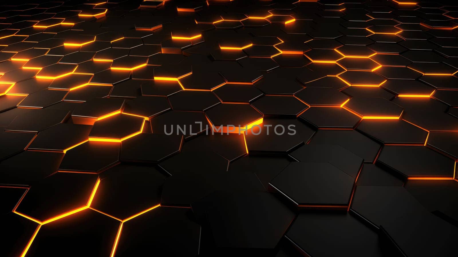 Black background with blue neon hexagon grid. Glowing hex background AI