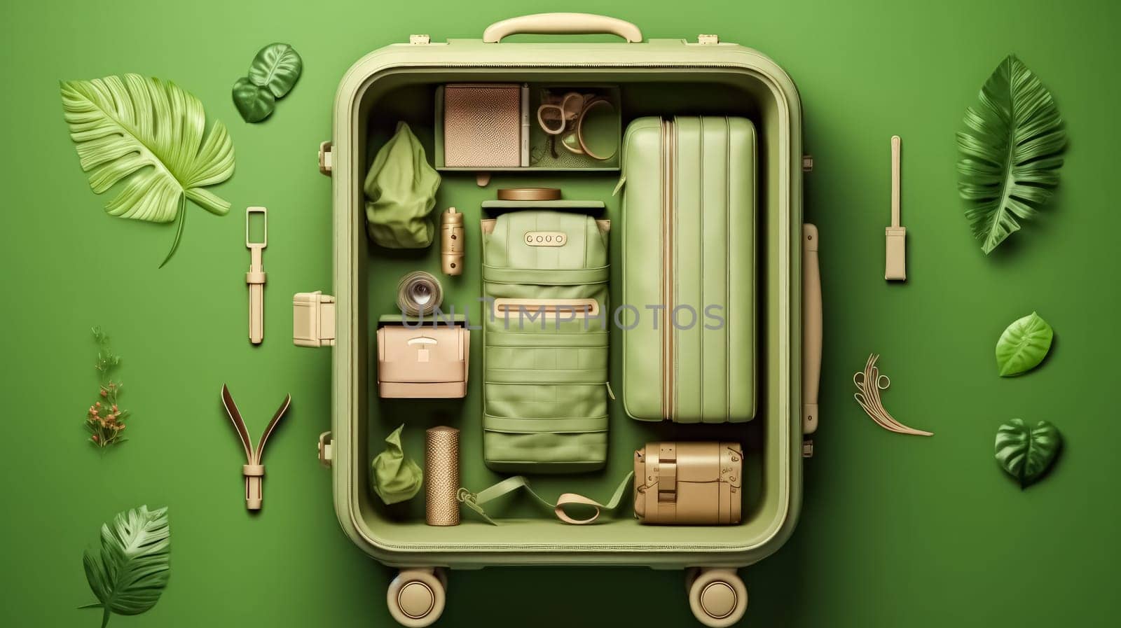 Elevate your summer style with a green suitcase against a matching background. by Alla_Morozova93