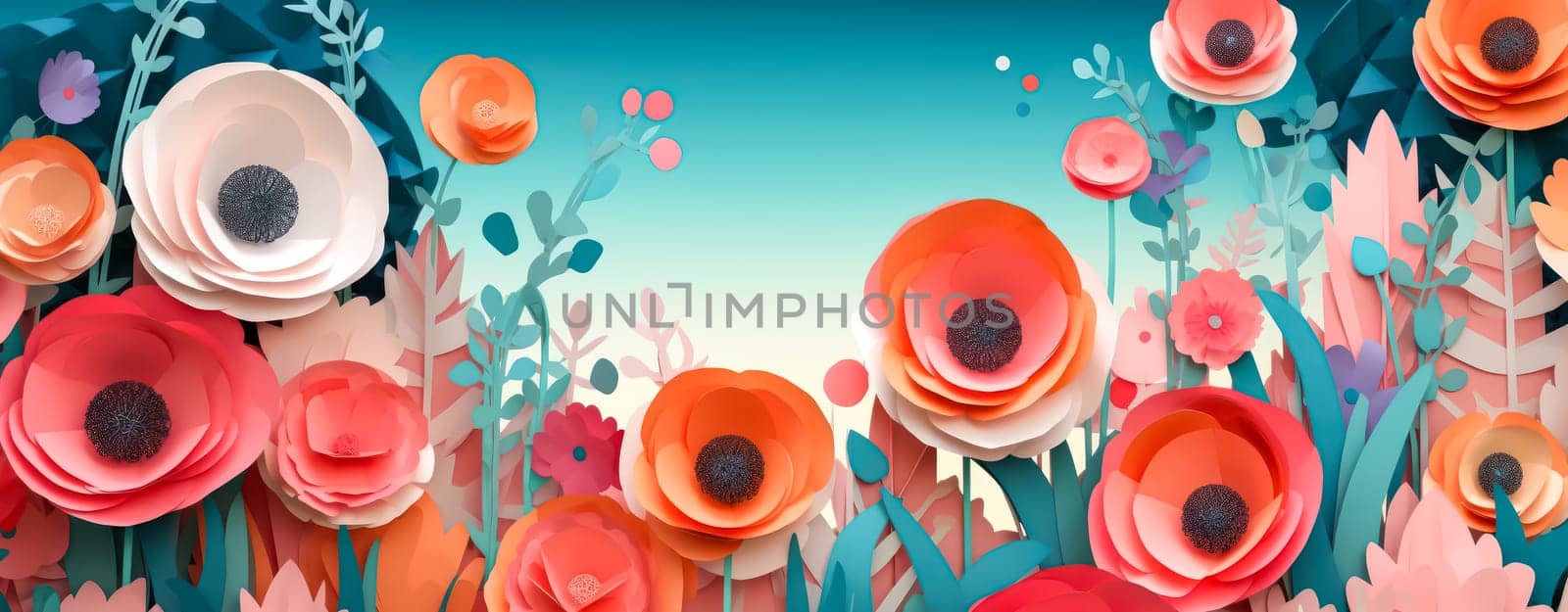 A vibrant display of paper flowers, creating a lively and festive floral background by Alla_Morozova93