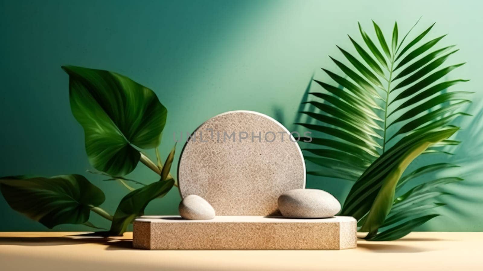 Concrete podium for cosmetics adorned with lush tropical leaves on a vibrant green background. Elevate your product presentation with this stylish and tropical design.