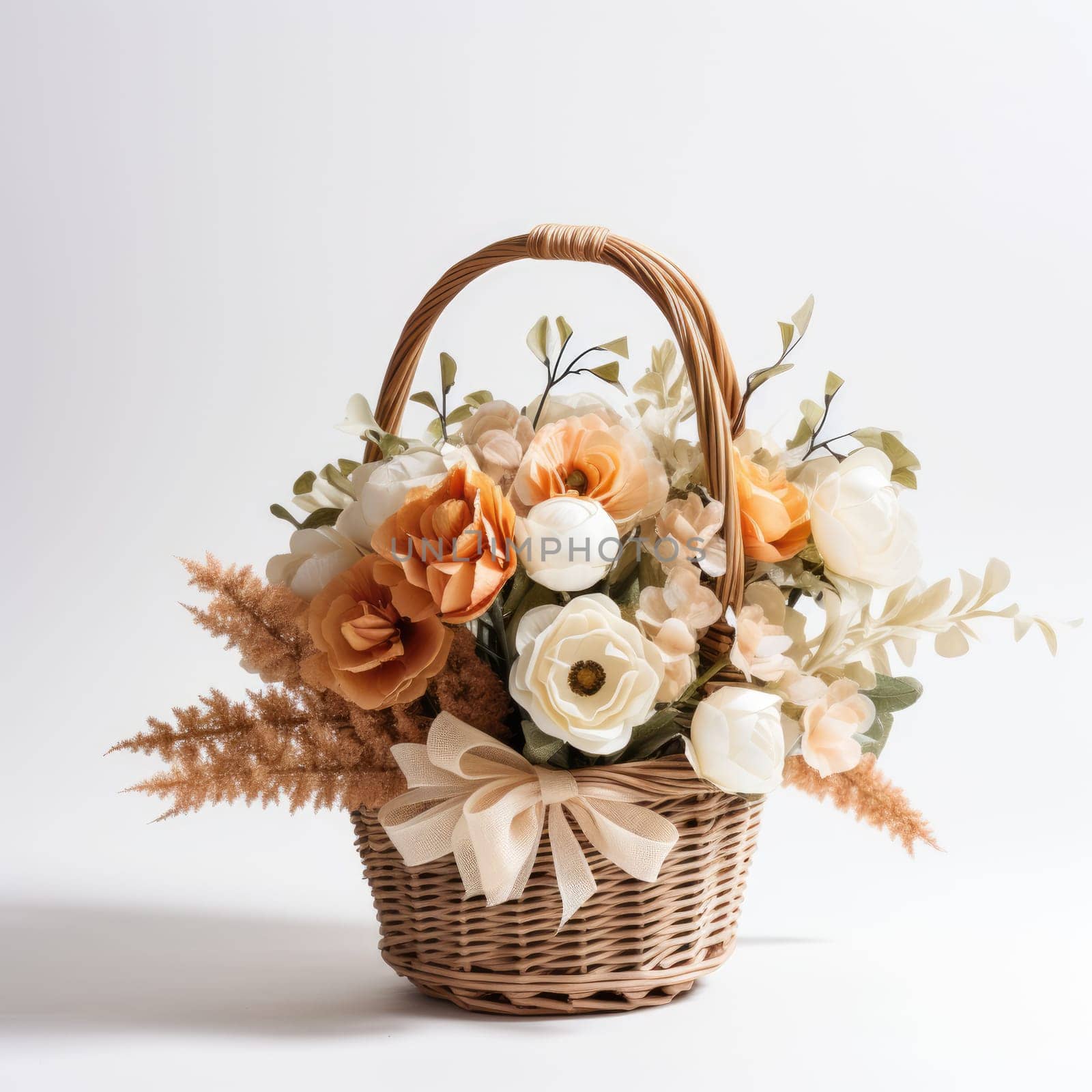 Wicker basket with beautiful spring flowers on white background by natali_brill