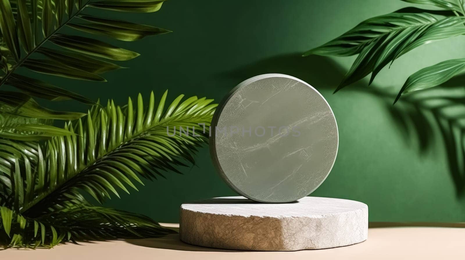 Concrete podium for cosmetics adorned with lush tropical leaves on a vibrant green background. Elevate your product presentation with this stylish and tropical design.