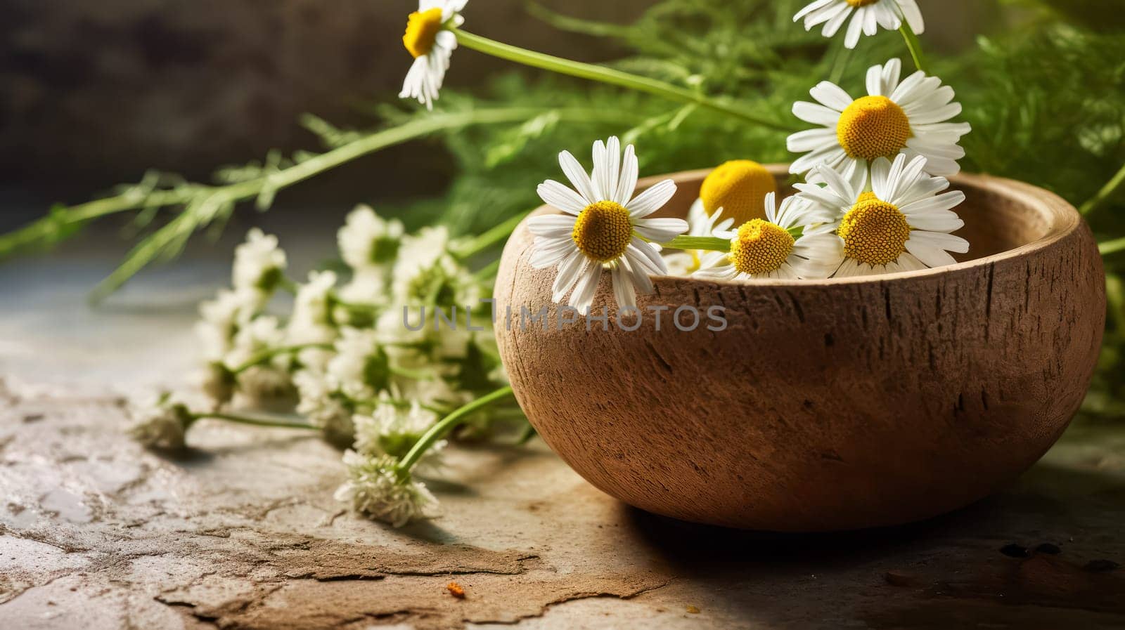 Dried chamomile flowers on a wooden table create a calming scene, perfect for soothing chamomile tea. Herbal drink concept with copy space for text.