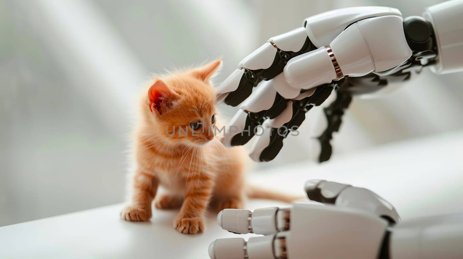 A robot hand gently touches a small ginger kitten with a finger. by OlgaGubskaya