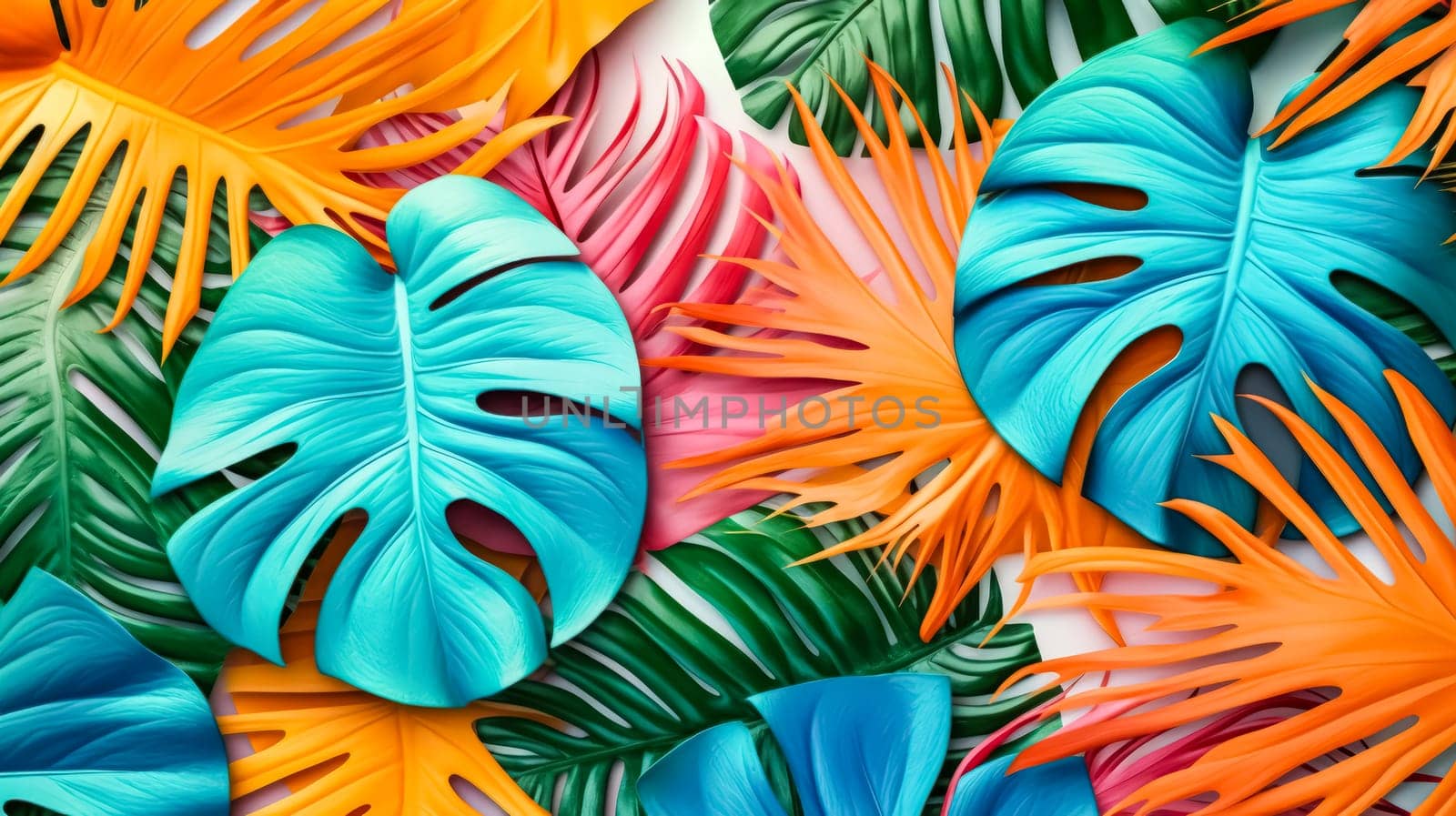 Vibrant and creative fluorescent color layout crafted from tropical leaves, capturing the essence of summer with a bold and tropical aesthetic.