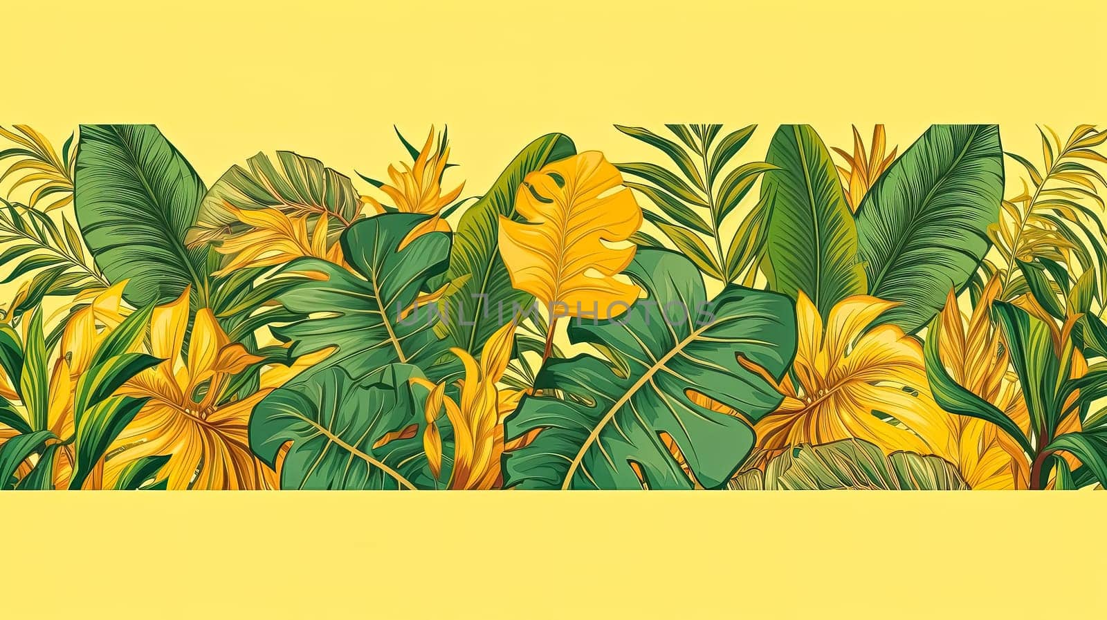 Vibrant botanical delight. Horizontal banners featuring tropical leaves on a sunny yellow backdrop. Perfect for cosmetics, spa, perfume, and health care product promotions.
