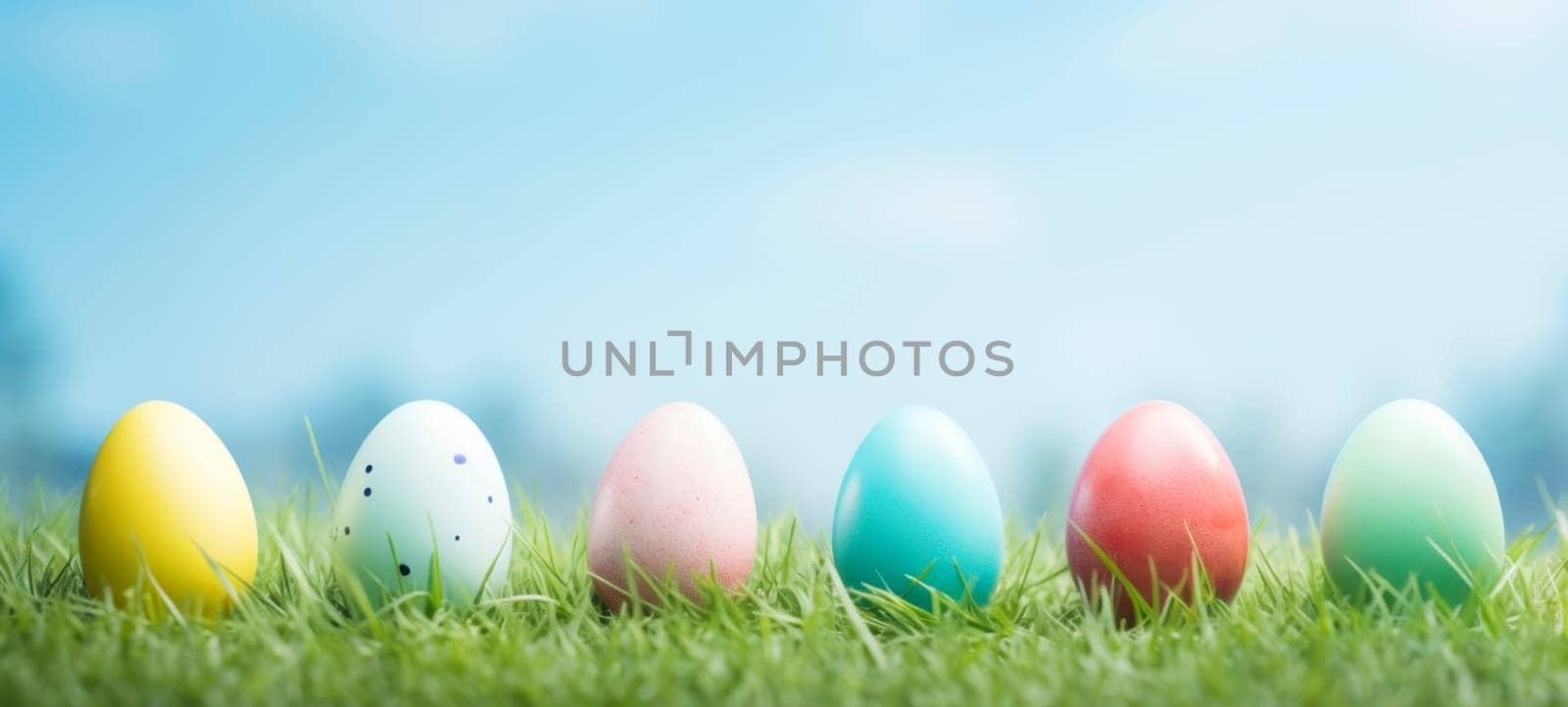 A vibrant row of painted Easter eggs in shades of yellow, blue, pink, and green nestled in green grass under a clear blue sky.