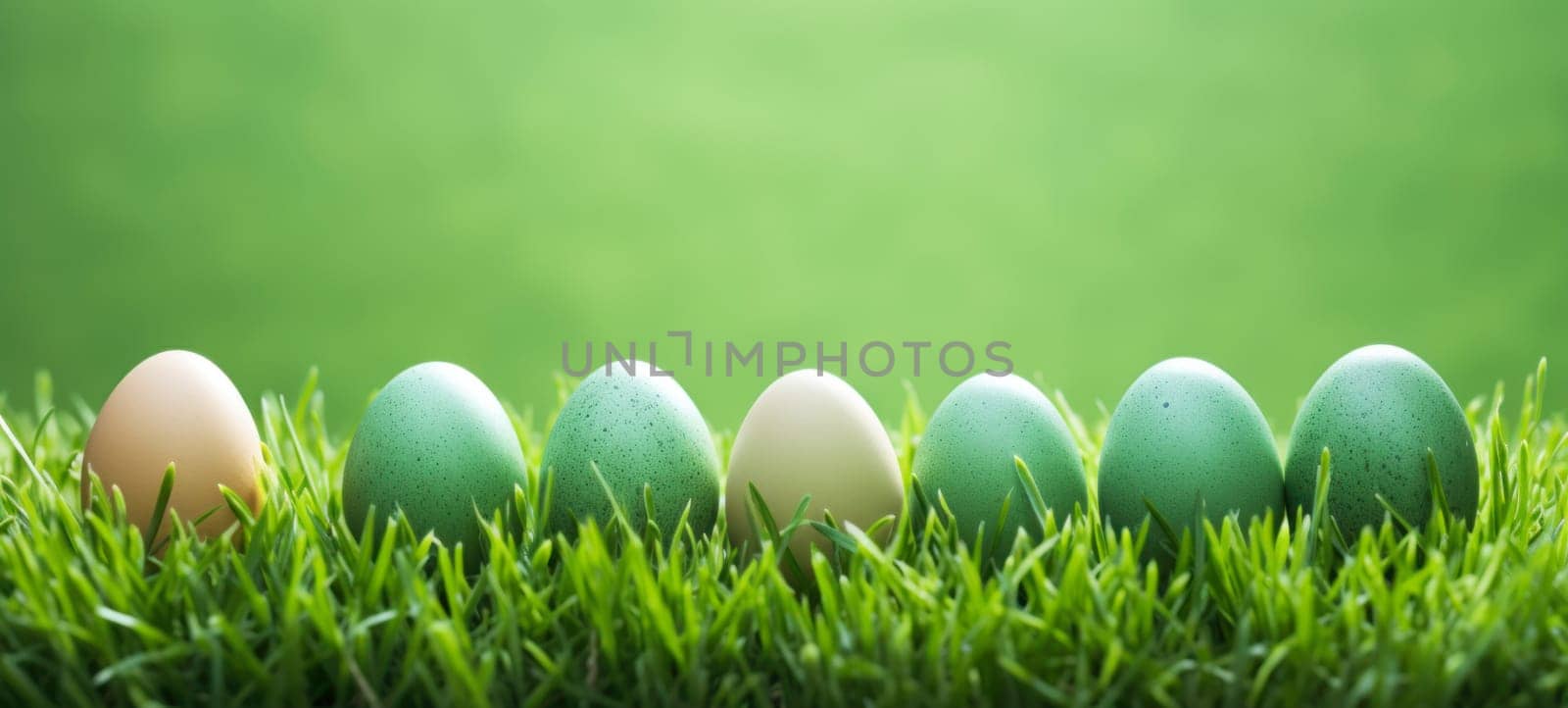 A harmonious line of speckled Easter eggs in various shades of green nestled in vibrant green grass, symbolizing the freshness of spring.