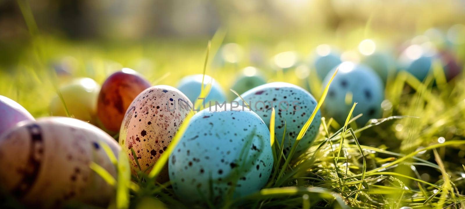 A collection of speckled Easter eggs in various pastel shades resting on sun-drenched grass, symbolizing the joy of Easter morning.