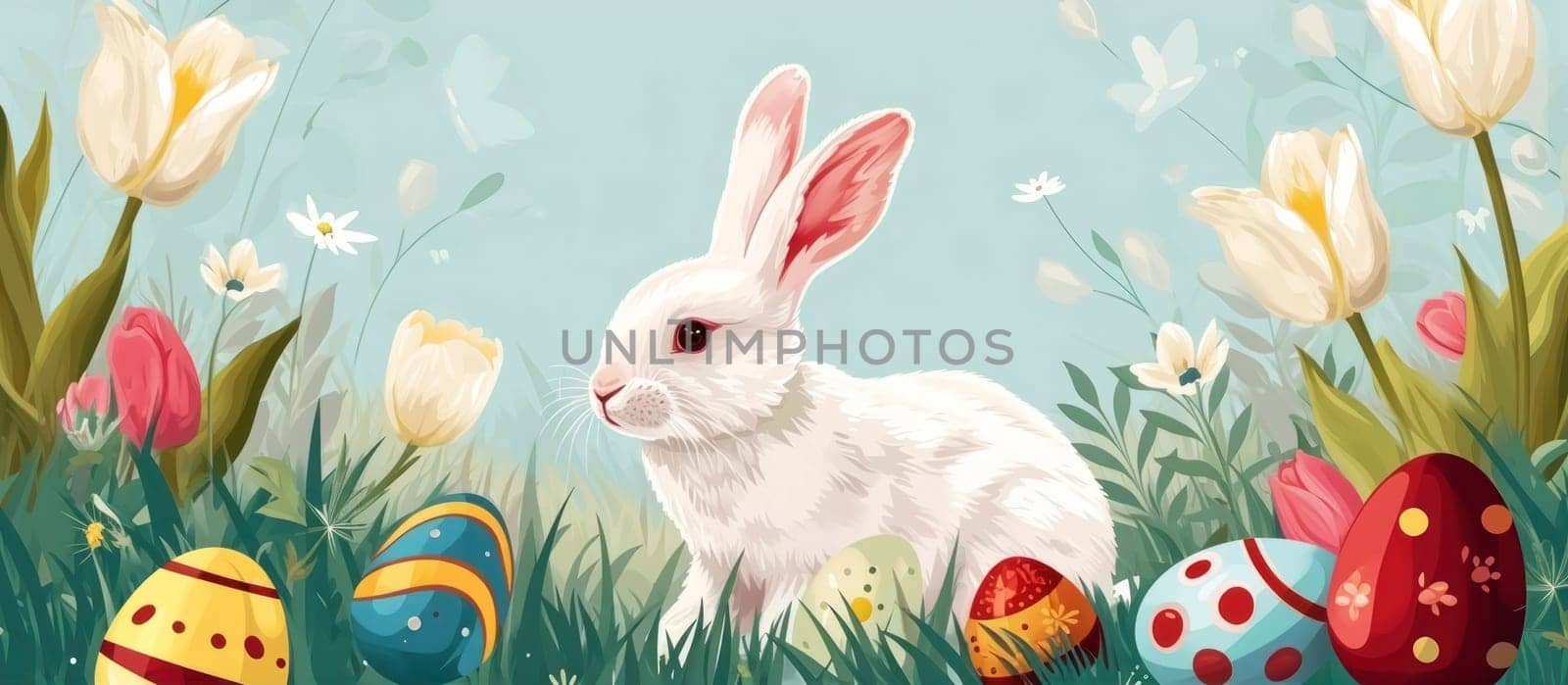 A charming illustration of a realistic Easter bunny surrounded by colorful tulips and decorative eggs, set against a painterly background with a springtime vibe.