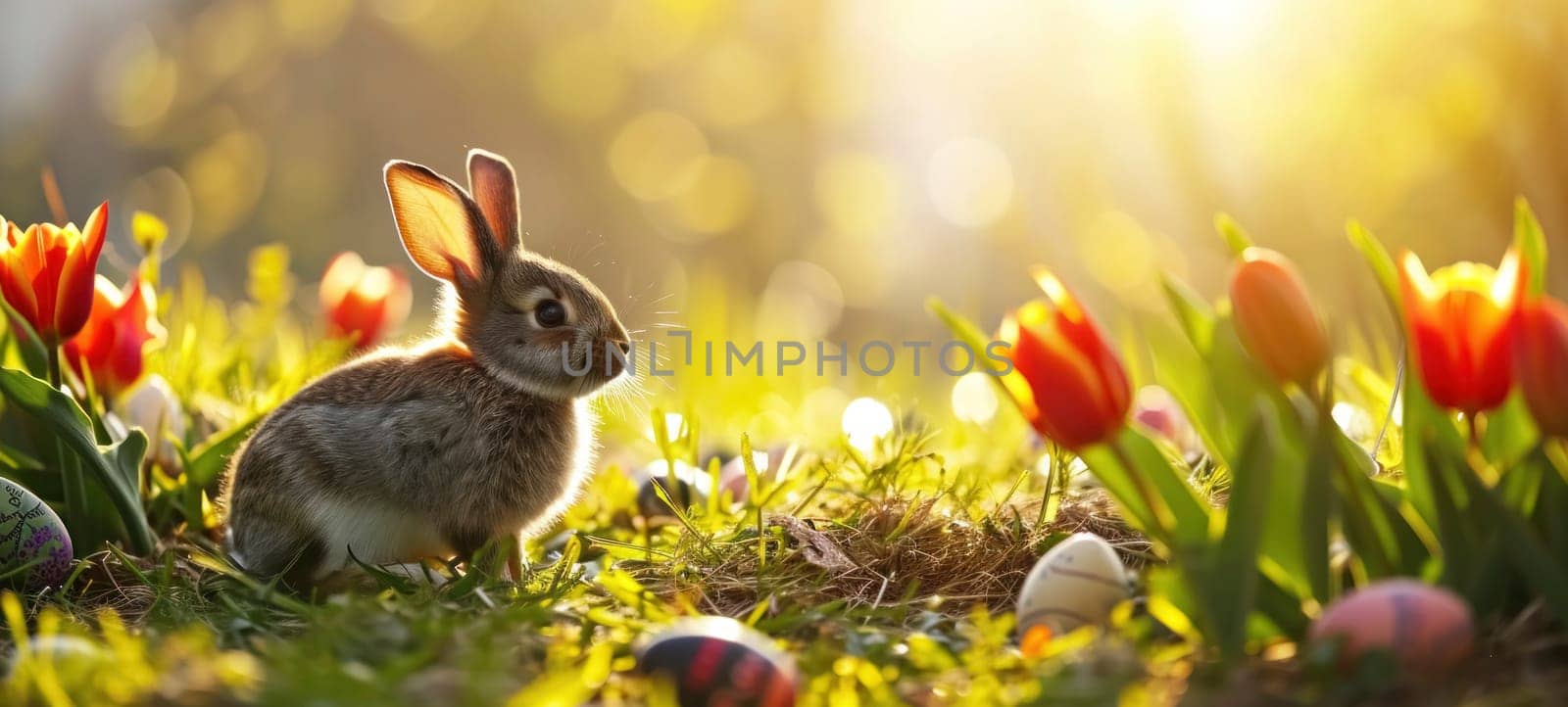 A young rabbit sits among Easter eggs scattered in a field of tulips, bathed in the warm, golden light of sunset.