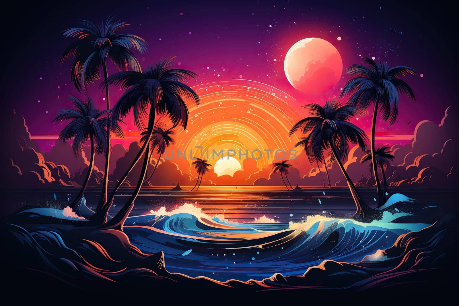 Sunset with silhouettes of palm trees and waves in neon colors. Illustration in retro style in neon colors.