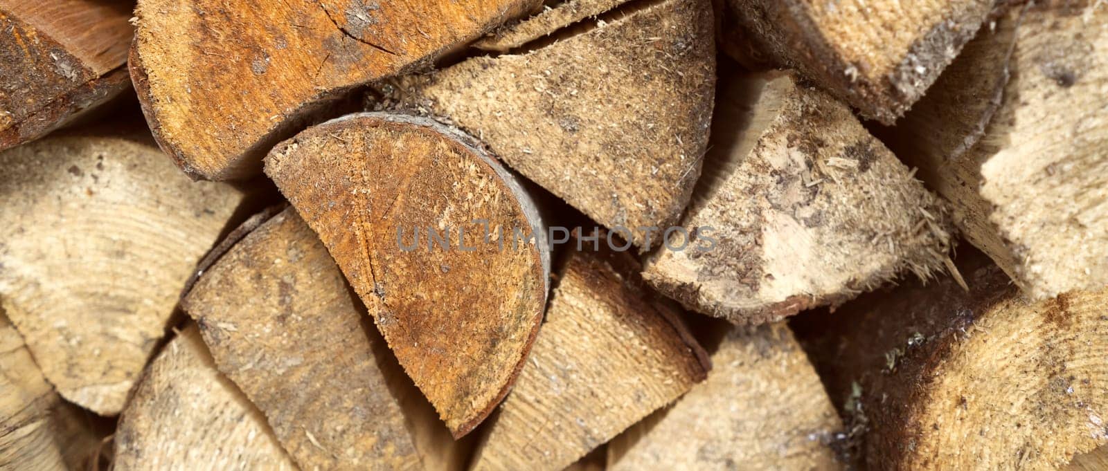 Old tree, logs, firewood harvested for the winter for the heating season, a beautiful background with textured wooden boards close-up.