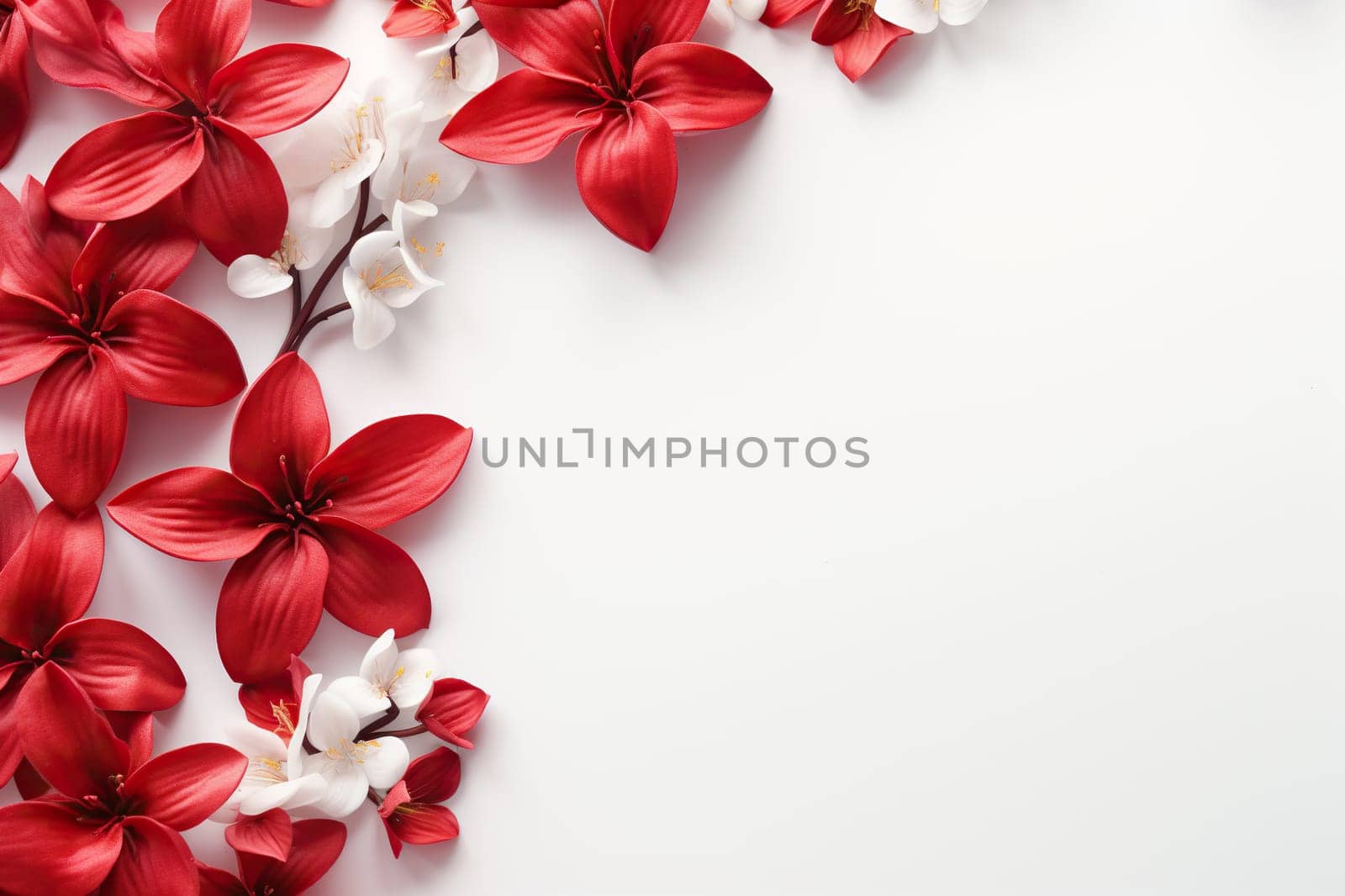 White background with red beautiful flowers on the left and space for text. Generated by artificial intelligence by Vovmar