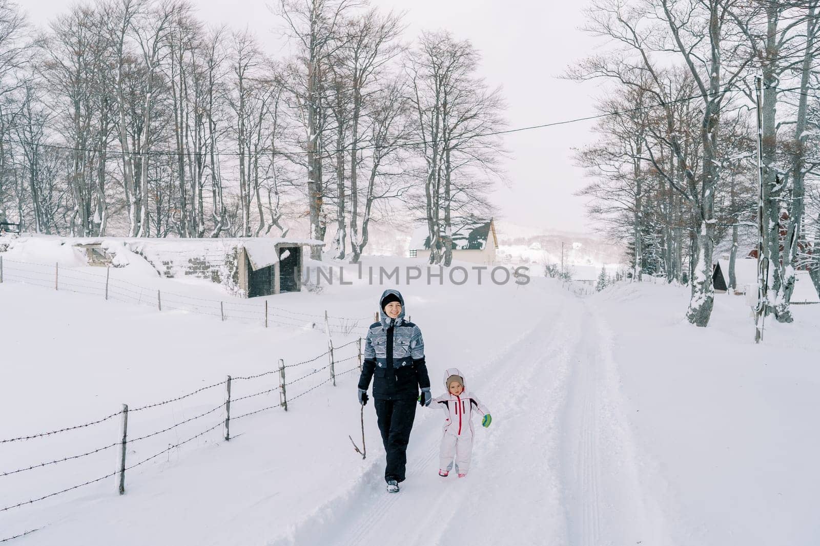 Mother and a little girl walk holding hands along a snowy road in a village on the edge of a forest by Nadtochiy
