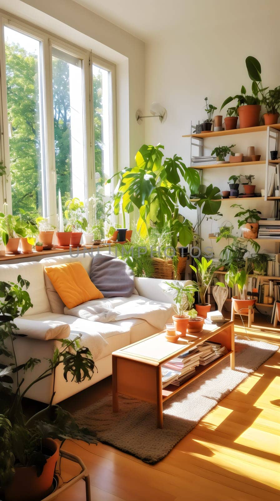 Amidst the lush foliage and cozy furniture, a sunlit room becomes a sanctuary of greenery and relaxation - generative AI