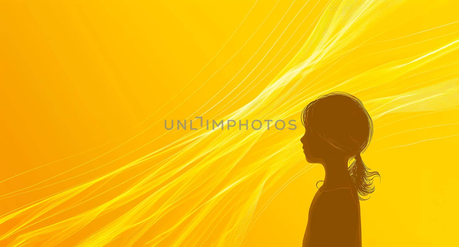 Banner International Childhood Cancer Awareness Day. Design on Mockup Silhouette of Little Child on Yellow Background with Rays. Copy Space For Text. Childhood Day. AI Generated Horizontal.