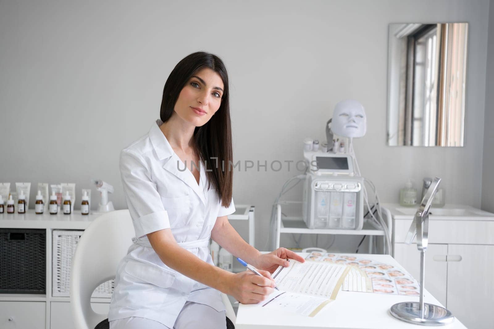 Happy female dermatologist analyzing patient report in modern clinic by andreonegin