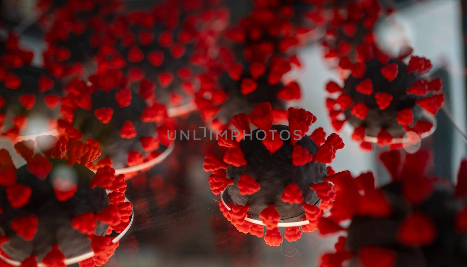 Close-up model of plastic red COVID-19 virus cell bacteria by andreonegin